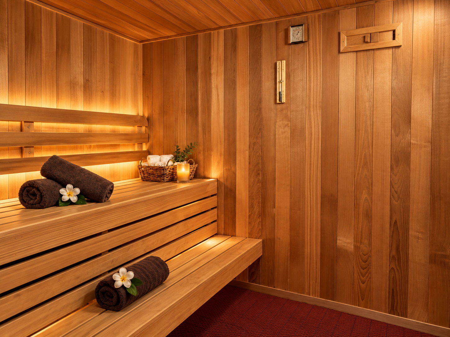 Dolce Vita - Day Spa In Granite Bay, Ca Warm Wooden Sauna With Towels And Flowers