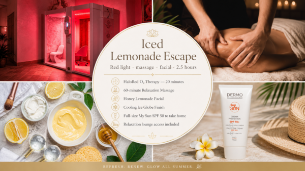 Iced Lemonade Escape Spa Package Featuring Halored Red Light Therapy, A Relaxation Massage, Honey-Lemon Facial With Cooling Ice Globes, And Take-Home My Sun Spf 50.