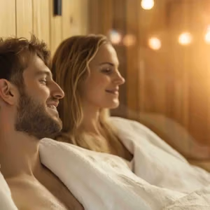 Couple Enjoying A Relaxing Spa Sauna Together