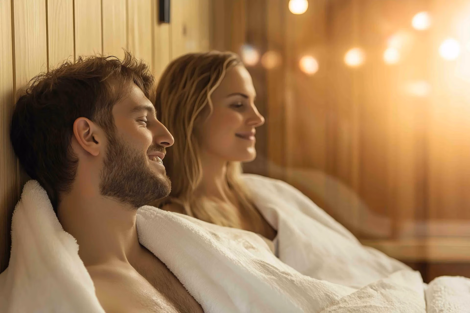 Sauna And Bath Couple Enjoying A Relaxing Spa Sauna Together